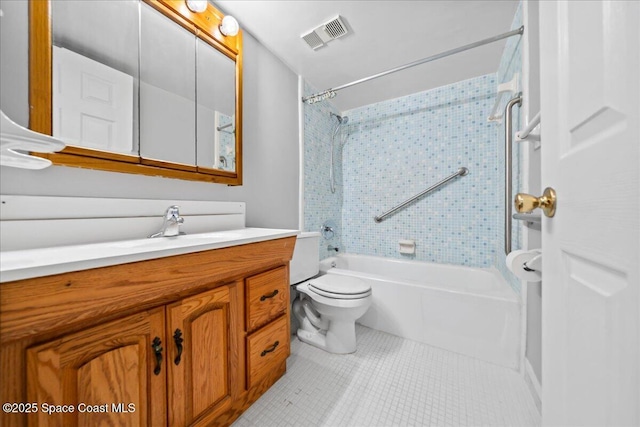 bathroom with visible vents, toilet, shower / bath combo with shower curtain, vanity, and tile patterned flooring