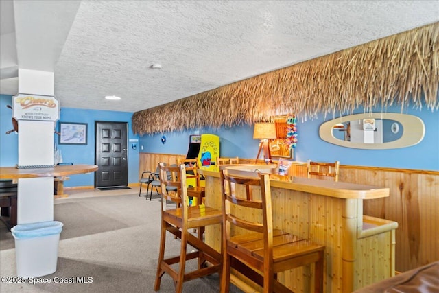 interior space featuring a dry bar, wood walls, and wainscoting