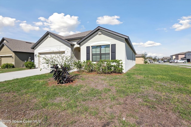 single story home with a garage, driveway, a front lawn, and stucco siding