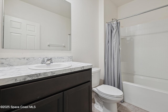 full bath featuring shower / bath combination with curtain, tile patterned flooring, vanity, and toilet