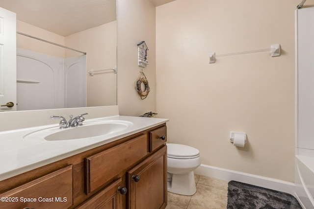bathroom featuring toilet, tile patterned flooring, baseboards, and vanity