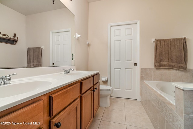bathroom featuring toilet, a bath, a sink, and tile patterned flooring