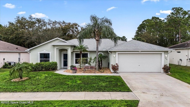 ranch-style house featuring a garage, concrete driveway, central air condition unit, a front yard, and stucco siding