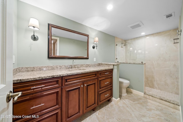 full bathroom featuring toilet, visible vents, walk in shower, and vanity