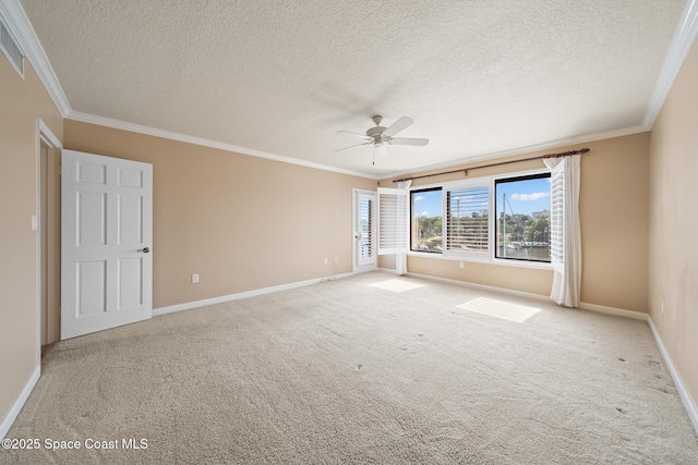 unfurnished room featuring baseboards, ornamental molding, and light colored carpet