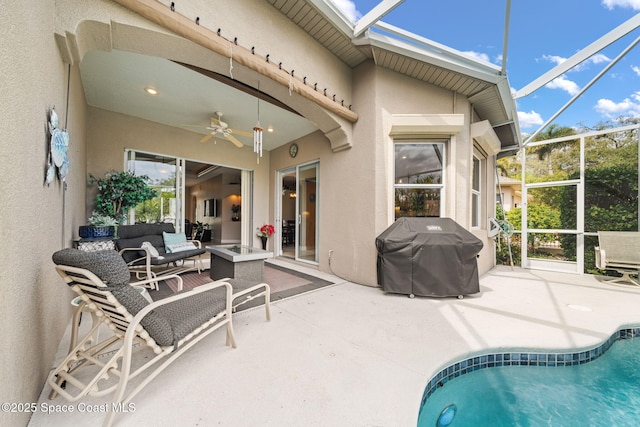 outdoor pool featuring a patio area, a grill, ceiling fan, a lanai, and an outdoor living space