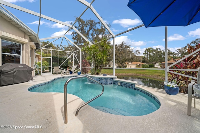 pool featuring a patio area, grilling area, a lanai, and a water view