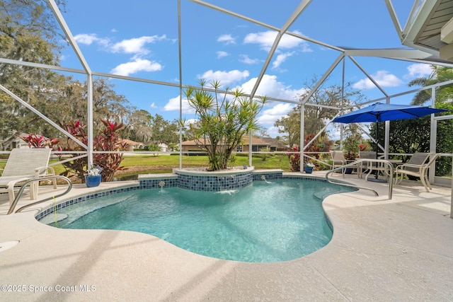 pool featuring glass enclosure and a patio