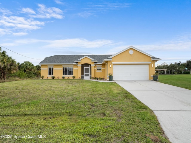 ranch-style home featuring driveway, stucco siding, roof with shingles, an attached garage, and a front yard