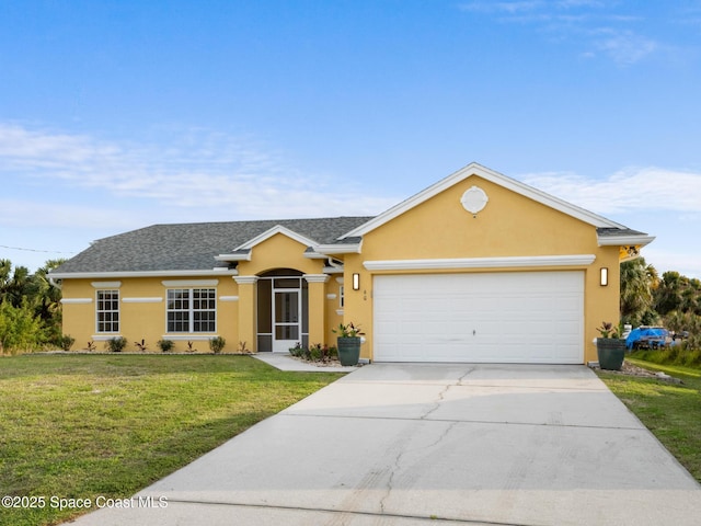 ranch-style house with an attached garage, a front lawn, concrete driveway, and stucco siding