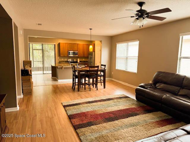 living room with baseboards, plenty of natural light, a textured ceiling, and light wood finished floors