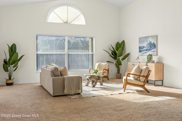 sitting room with lofted ceiling, carpet flooring, and baseboards