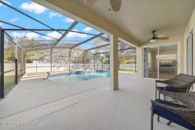 view of swimming pool featuring a patio, a fenced backyard, a lanai, and a fenced in pool