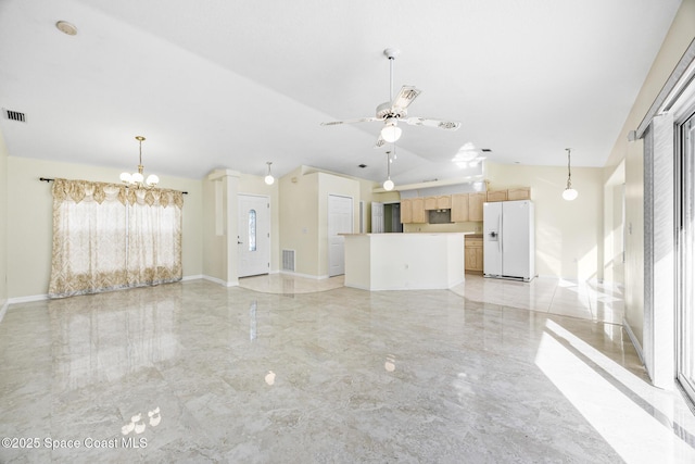 unfurnished living room with marble finish floor, baseboards, visible vents, and ceiling fan with notable chandelier