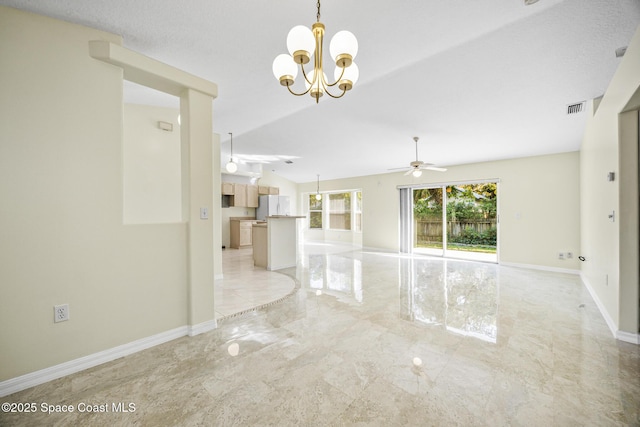 spare room with marble finish floor, visible vents, baseboards, and ceiling fan with notable chandelier