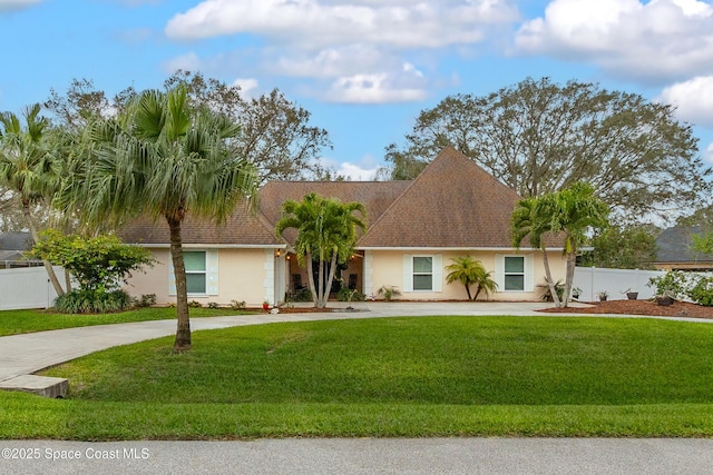 view of front of property featuring fence, driveway, roof with shingles, stucco siding, and a front yard