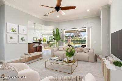 living room featuring baseboards, a ceiling fan, crown molding, and recessed lighting