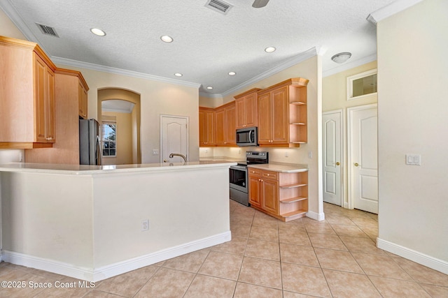 kitchen featuring light tile patterned floors, stainless steel appliances, open shelves, light countertops, and visible vents