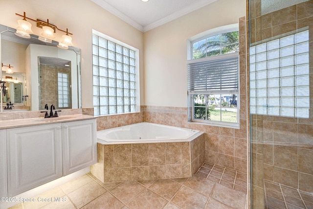 full bath featuring a bath, a healthy amount of sunlight, and crown molding