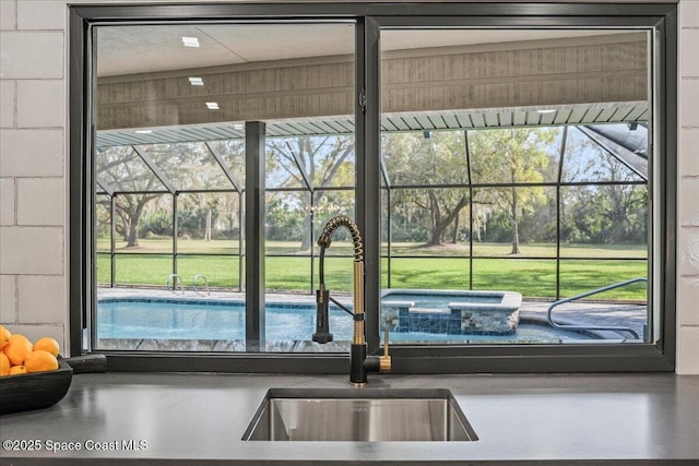 room details with a sink and concrete block wall