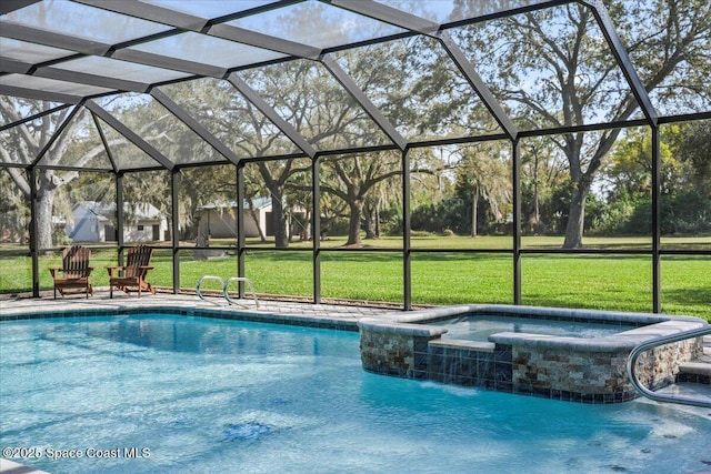 pool with a yard, a jacuzzi, and glass enclosure