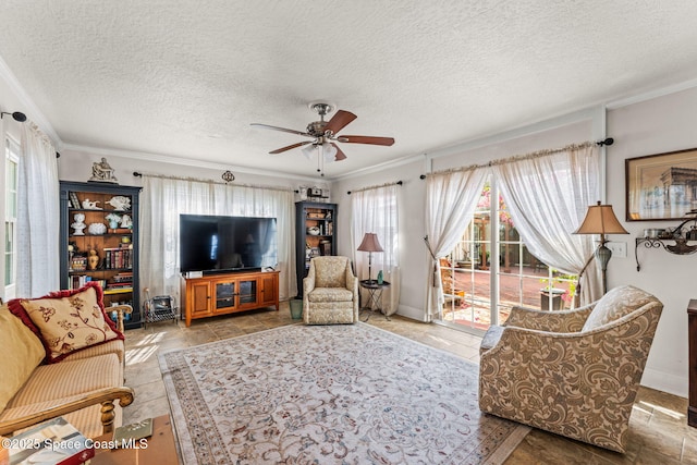 2109 Indian River Dr, Cocoa, FL 32922 - living room with a ceiling fan, ornamental molding, and a textured ceiling