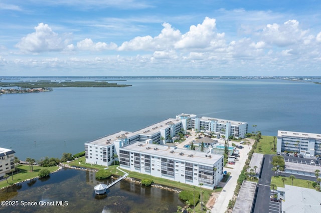 aerial view with a water view and a city view