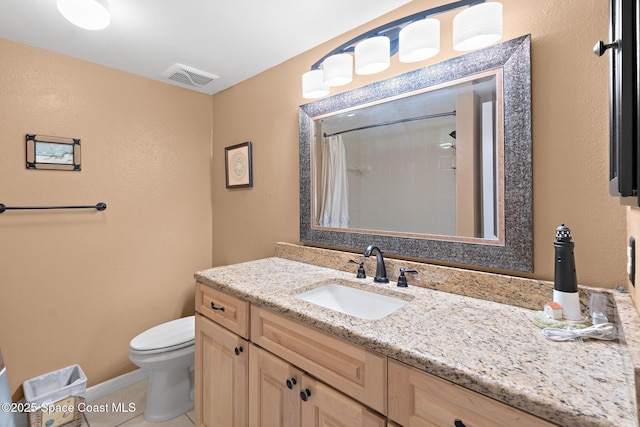 bathroom featuring curtained shower, tile patterned flooring, toilet, vanity, and visible vents