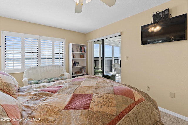 bedroom with carpet floors, access to exterior, baseboards, and a ceiling fan