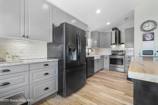 kitchen featuring gray cabinets, visible vents, a sink, black appliances, and wall chimney exhaust hood