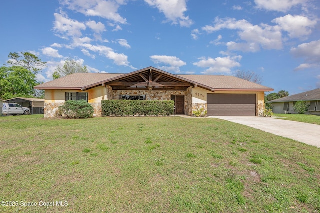 ranch-style house featuring driveway, a garage, stone siding, a front yard, and stucco siding