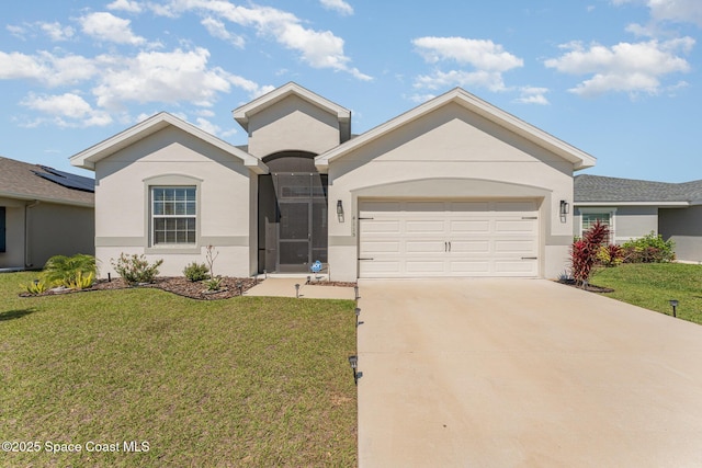 ranch-style house featuring stucco siding, an attached garage, and a front yard