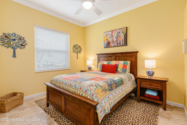 bedroom with crown molding, baseboards, and ceiling fan