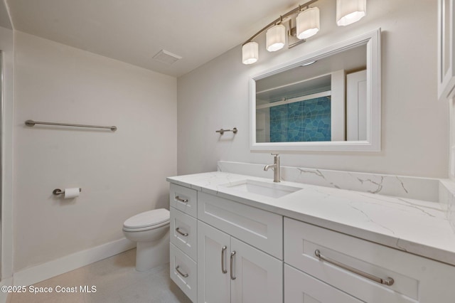 full bathroom with baseboards, toilet, a shower with curtain, tile patterned floors, and vanity