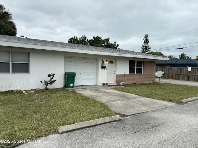 1341 S Patrick Dr, Satellite Beach, FL 32937 - single story home featuring an attached garage, brick siding, a shingled roof, fence, and a front lawn