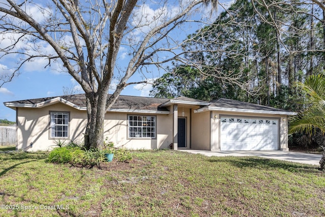 ranch-style house with a garage, concrete driveway, a front lawn, and stucco siding