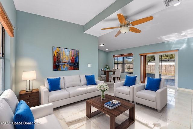 living room featuring ceiling fan, french doors, and visible vents