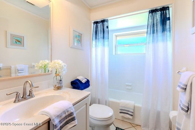 bathroom with visible vents, shower / bathtub combination with curtain, toilet, ornamental molding, and vanity