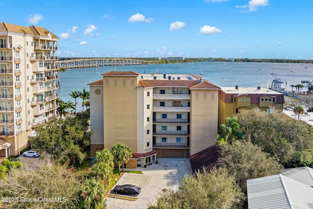 aerial view featuring a water view