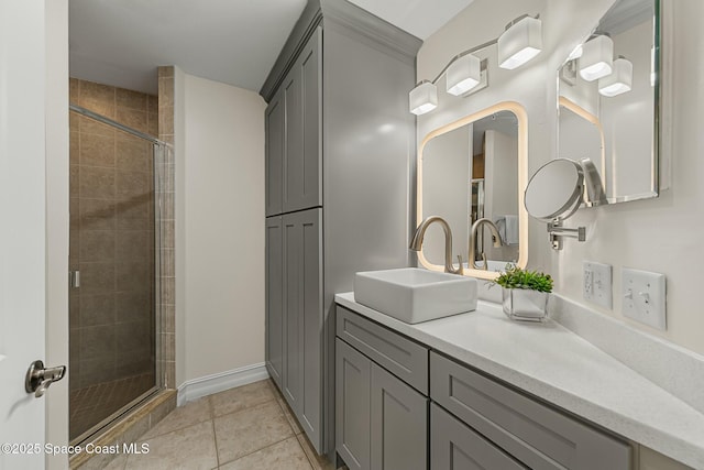 bathroom featuring tile patterned flooring, baseboards, a shower stall, and vanity