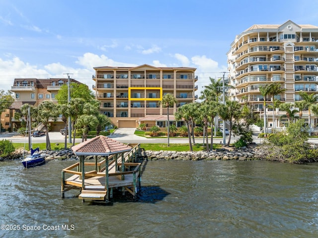 view of dock with a water view