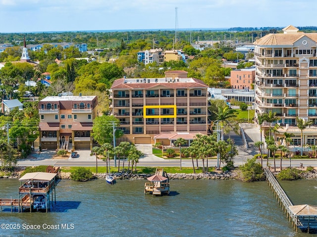 drone / aerial view with a water view