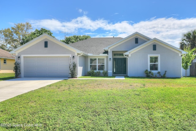 ranch-style house featuring an attached garage, concrete driveway, roof with shingles, stucco siding, and a front lawn