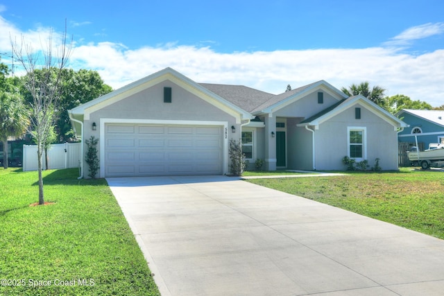 ranch-style house featuring stucco siding, an attached garage, a front yard, fence, and driveway