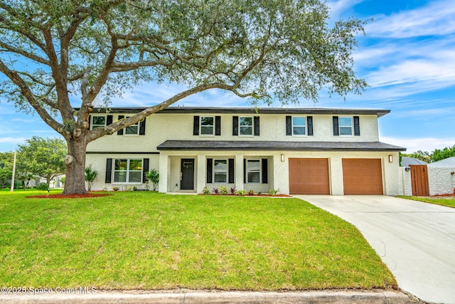 traditional home with a garage, concrete driveway, a front lawn, and fence