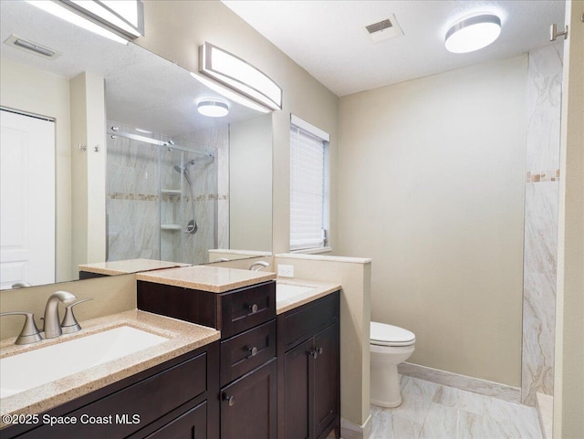full bathroom featuring marble finish floor, visible vents, a shower stall, and toilet