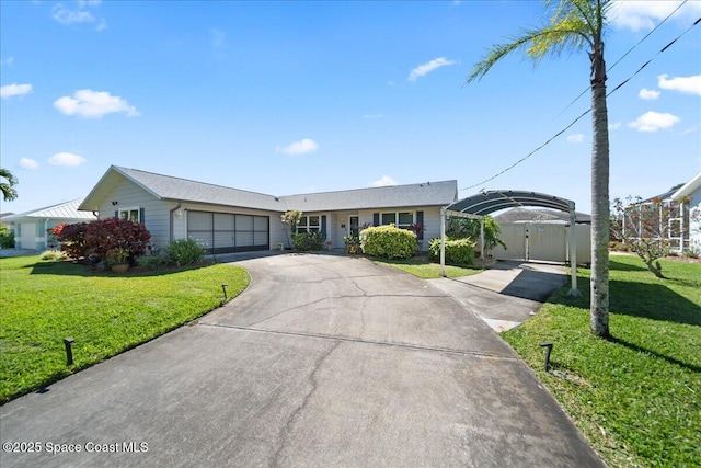 single story home with a garage, a front yard, concrete driveway, and a gate