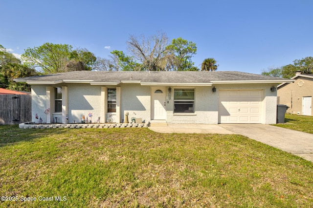 ranch-style house with a garage, concrete driveway, fence, a front lawn, and stucco siding