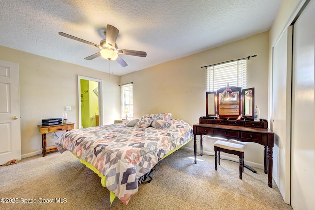 bedroom featuring baseboards, multiple windows, and light colored carpet