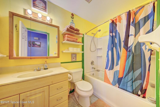 bathroom with toilet, tile patterned flooring, shower / bath combination with curtain, and vanity